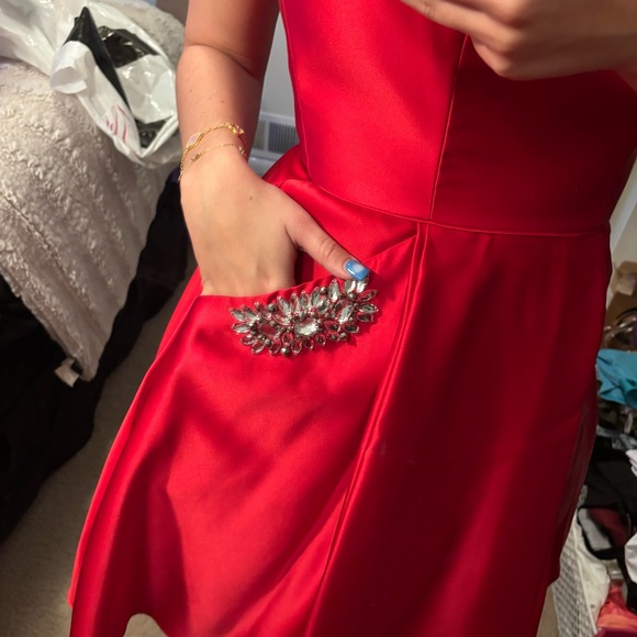 Strapless Red Dress with Embellished Pockets - Picture 2 of 3